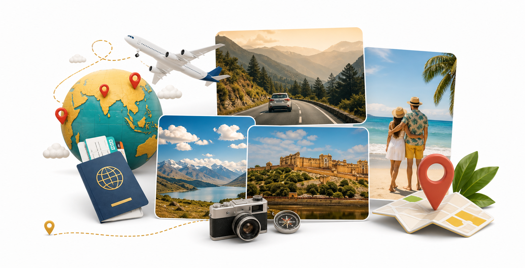 Travel collage with destinations, map pins, airplane, and passport