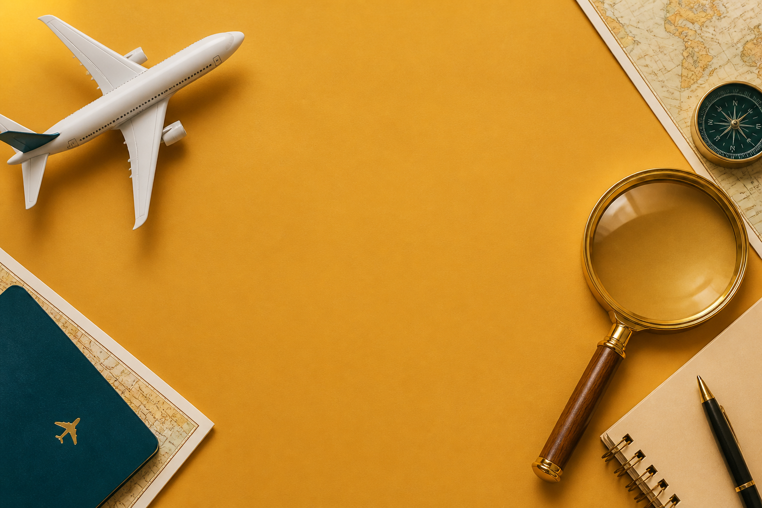 Travel planning flat lay with airplane and magnifying glass